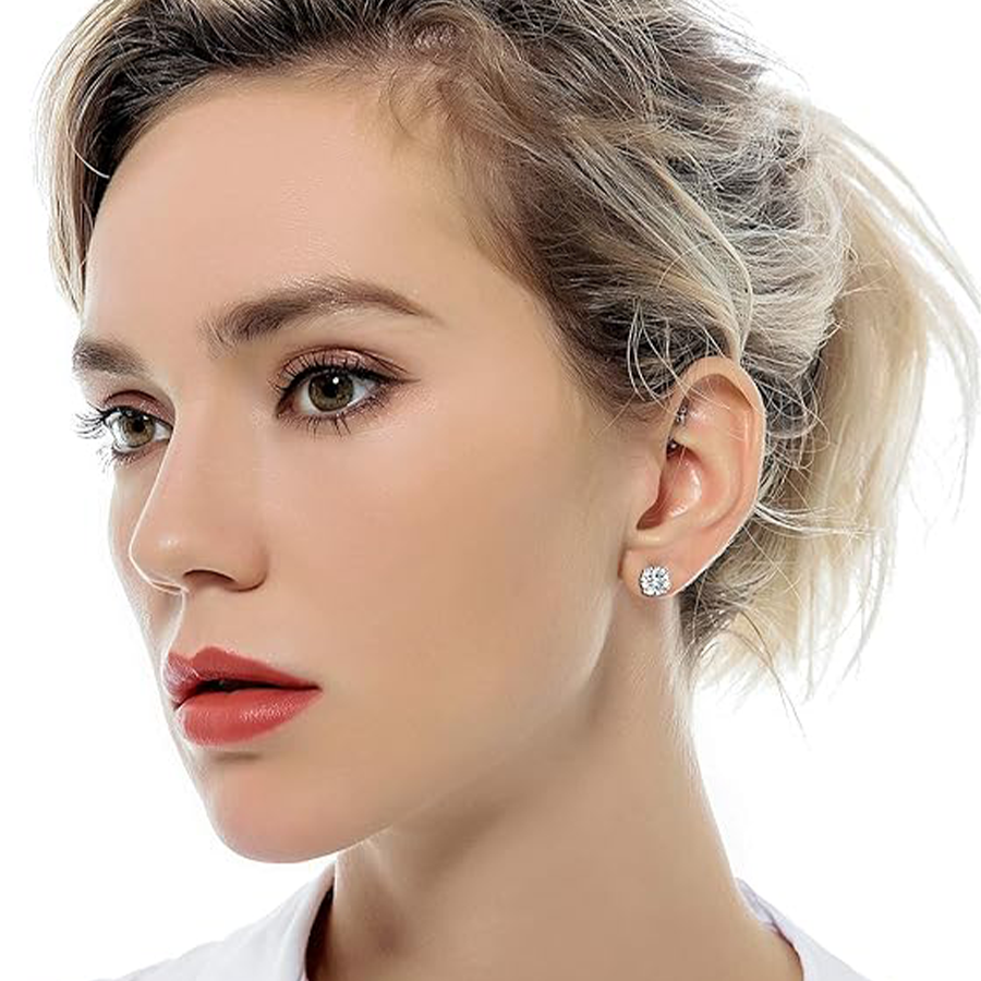 7 Pairs 18G Stainless Steel Stud Earrings Push Back Round Cubic Zirconia Barbell Earring Set Men Women 2MM-8MM Silver Tone