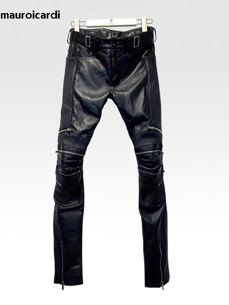 Mauroicardi Autumn Long Skinny Stretchy Whit and Black Patchwork Pu Leather Pants for Men Many Zippers Clothes 250901