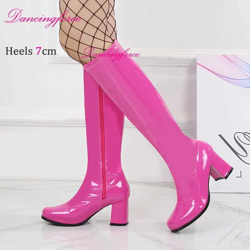 Red White Pink Patent Knee High Boots 60s 70s Go Boots Women Block Heels GoGo Halloween Party Dress Lady Shoes Square Toe W250902
