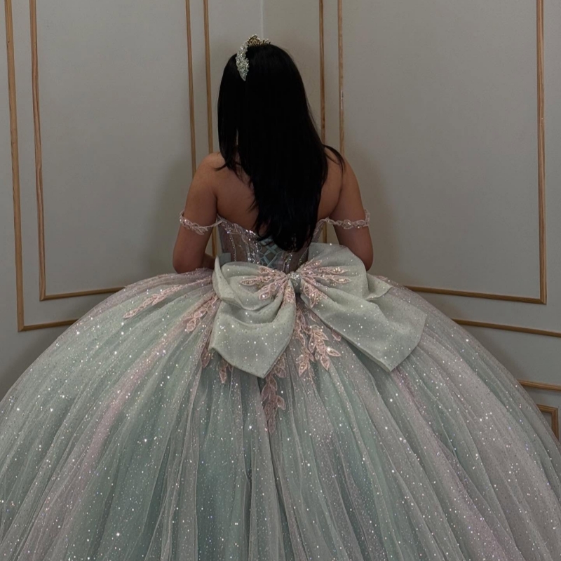 Aqua Blue Shiny Princess Off the Shoulder Sweet 16 Dress Quinceanera Dresses Applique Lace Beads Tull Corset Party Birthday Vestidos 15 De Anos