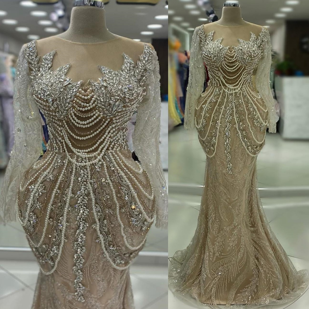 Aso Ebi Mermaid Champagne Prom Dresses 2025 Pearls Crystals Sparkling Evening Formal Party Second Birthday Engagement Gowns Plus Size Dress For Specia