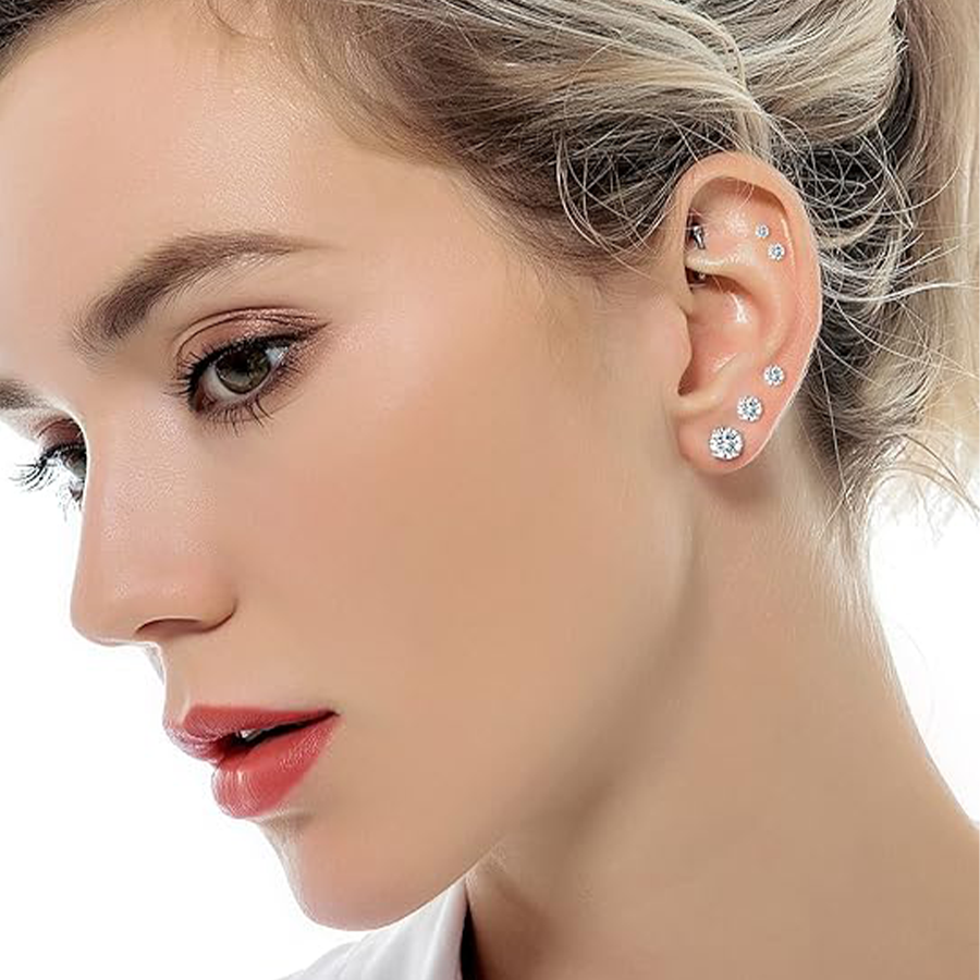 7 Pairs 20G Stainless Steel Stud Earrings Screw Back Round Cubic Zirconia Barbell Earring Set 2MM-8MM Silver Tone