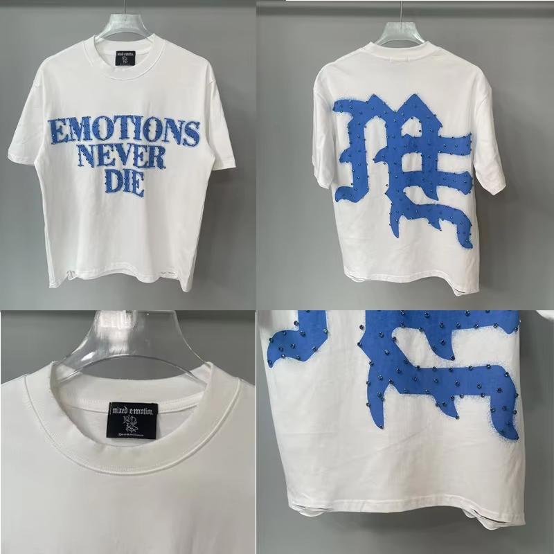 Best Quality Cotton Hip Hop Damaged Hole White T Shirt Tee Men Women Blue Letters Print Flash Diamond