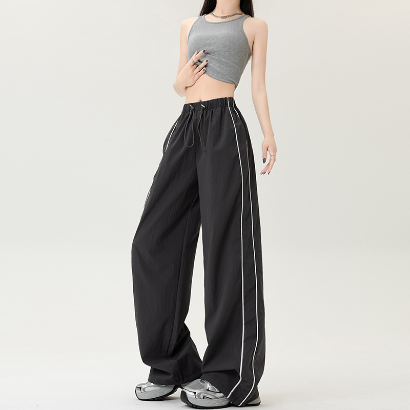 American Style QuickDry Cargo Pants for Women 2025 Summer Drawstring Jogger StraightLeg Loose Casual WideLeg Pants 241007