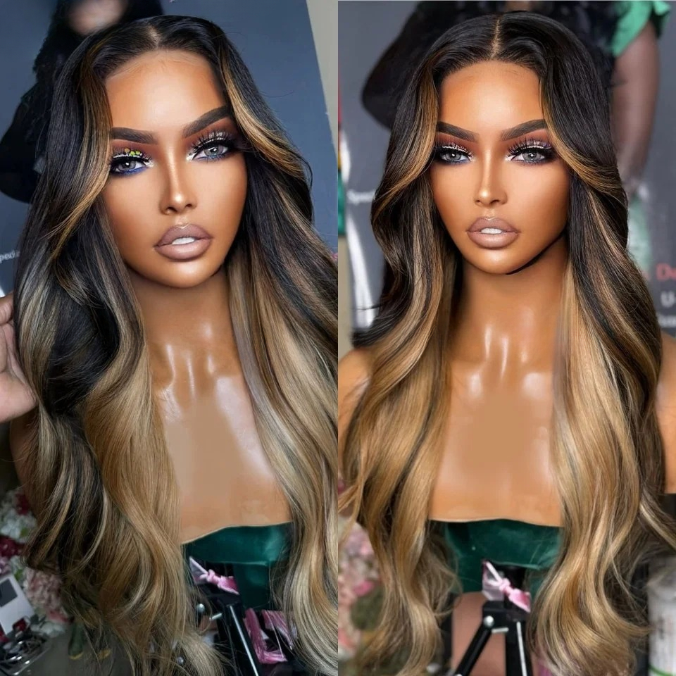 Natural Wavy Blonde Black Piano Highlight Wig Human Hair Glueless Water Wave High Density 13x4/13x6 Lace Front Wigs Pre-plucked Pre-Cut 360/Full Lace  - view 6