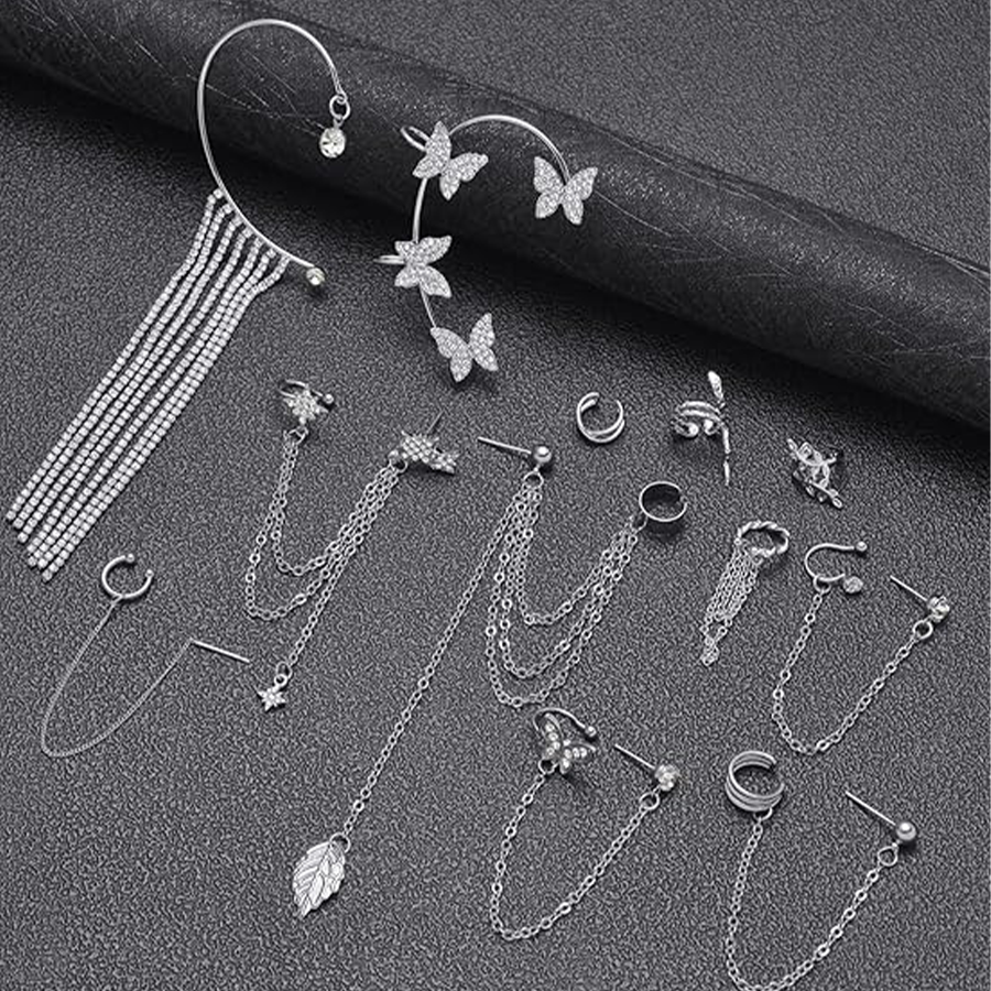 17Pcs Ear Cuffs Chain Earrings Snake Butterfly Leaf Non Piercing Clip on Earring Fake Helix Cartilage Earrings Ear Clip Jewelry Silver Tone