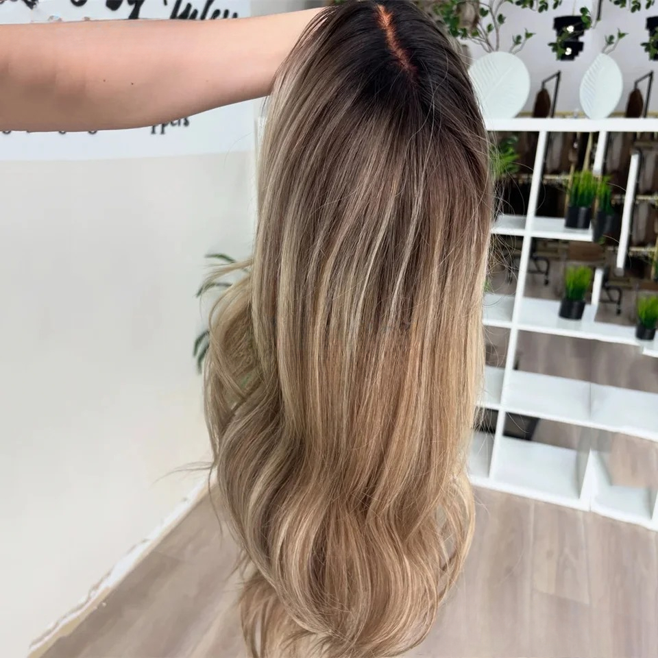 Dark Brown Rooted Color Balayaga Highlight High Density Body Wave Human Hair Wigs 13x6 HD Lace Wigs 360 Full Lace Wigs Pre Plucked