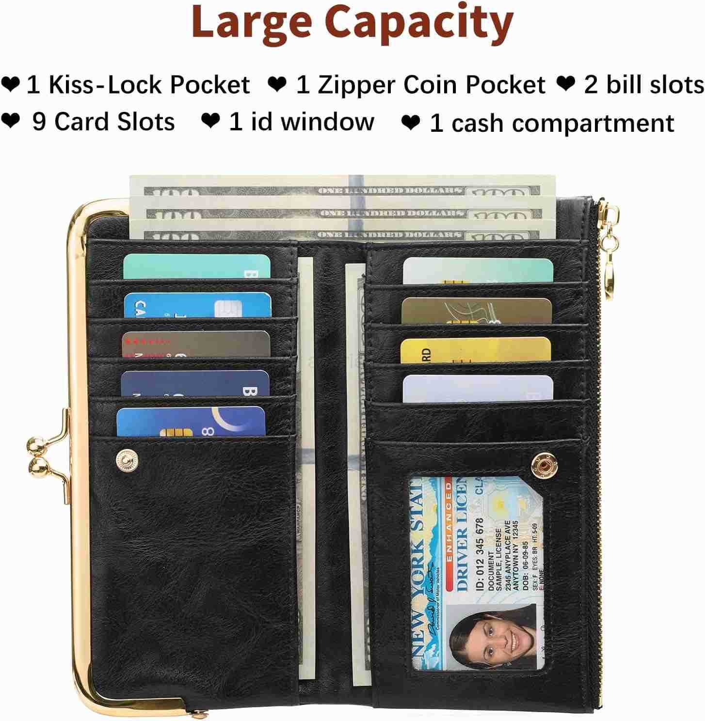 Womens Wallet Ladies Vintage Billfold Compact Card Holder Long Zip Clutch Purse with Kiss Lock BlackZ250911
