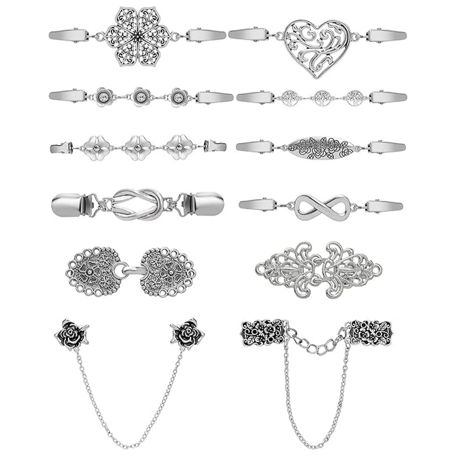 12pcs Vintage Sweater Shawl Clips Retro Cardigan Collar Shirt Waist Dresses Chain Clip Antique Flowers Pattern Brooch Pins for Women