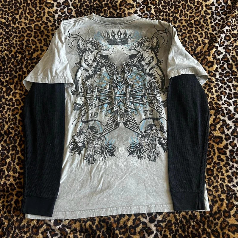 2000s Rare Skull Graphic Pullovers Tops Grunge Cyber Y2k Cross Print Layered Tshirt 90s Vintage Mall Goth Techwear Tees Women 250902