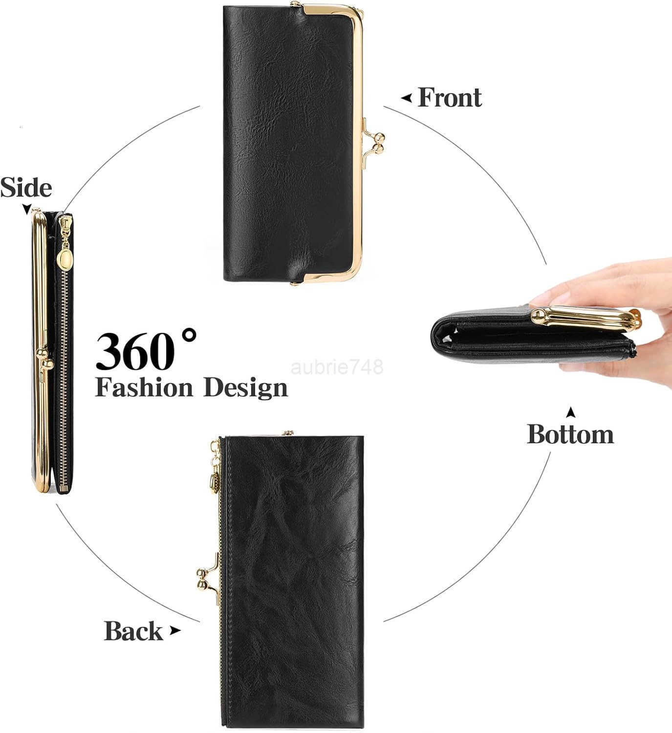 Womens Wallet Ladies Vintage Billfold Compact Card Holder Long Zip Clutch Purse with Kiss Lock BlackZ250911