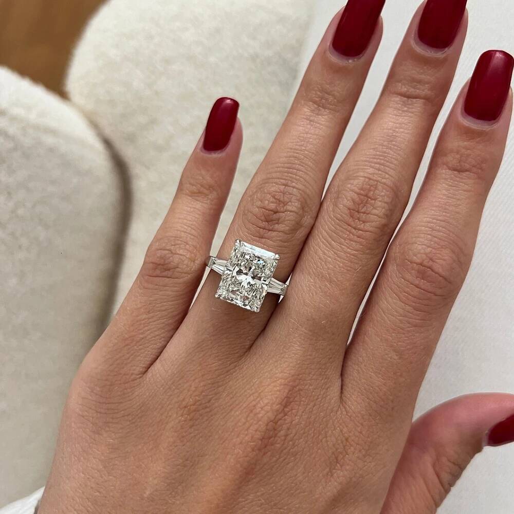 1234Carat Radiant Cut Full Moissanite Engagement Ring with Tapered Baguette Shape Diamond S925 Silver Wedding Rings for Women