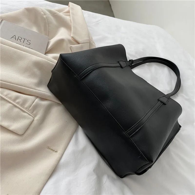 1PC black minimalist large capacity soft leather tote bag casual versatile shoulder bag 250902