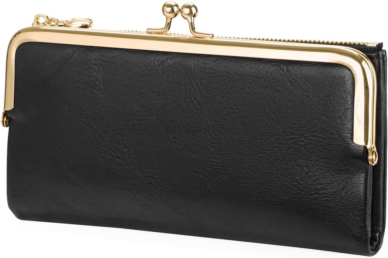 Womens Wallet Ladies Vintage Billfold Compact Card Holder Long Zip Clutch Purse with Kiss Lock BlackZ250911