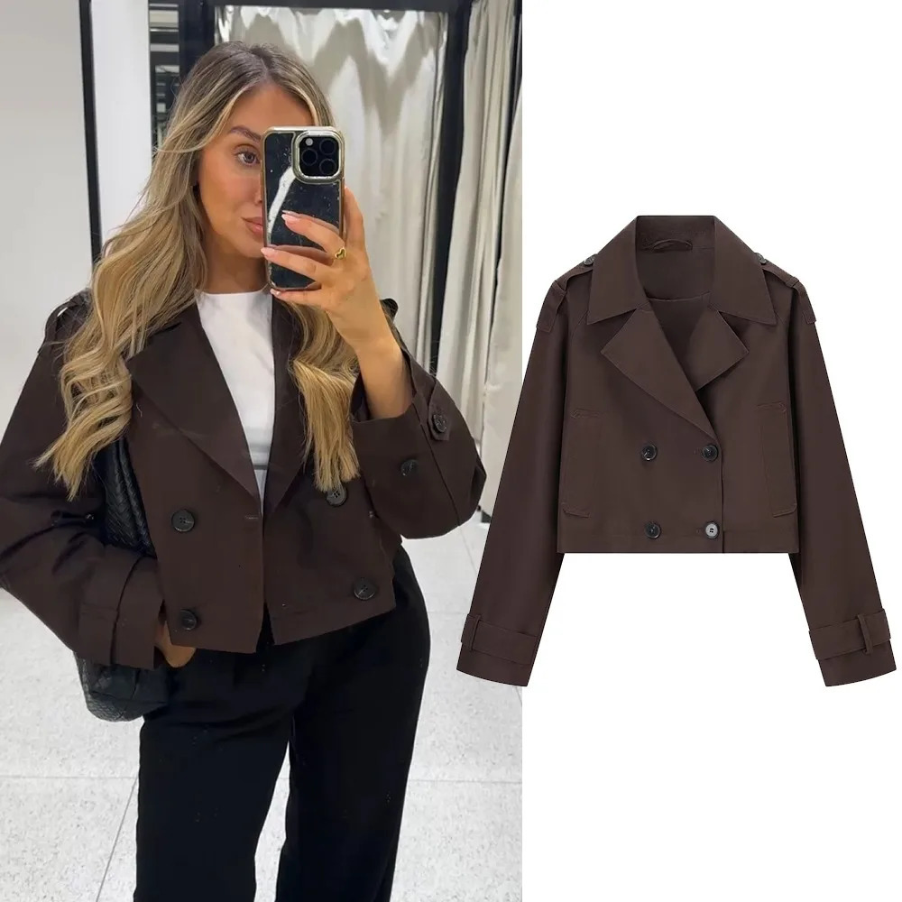 TRAFZR Brown Trench Coat Woman Long Sleeve Urban Solid Cropped Womens Casual Classic 2025 Trend Jackets Outerwears 250823