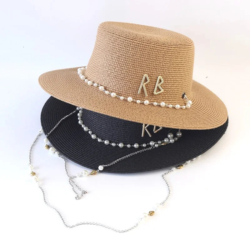 Fashion Metal RB Letter Chain Sun Hat Pearl Women and Men Summer Outdoor Vacation Beach Sunscreen Straw Hat Wholesale 250901