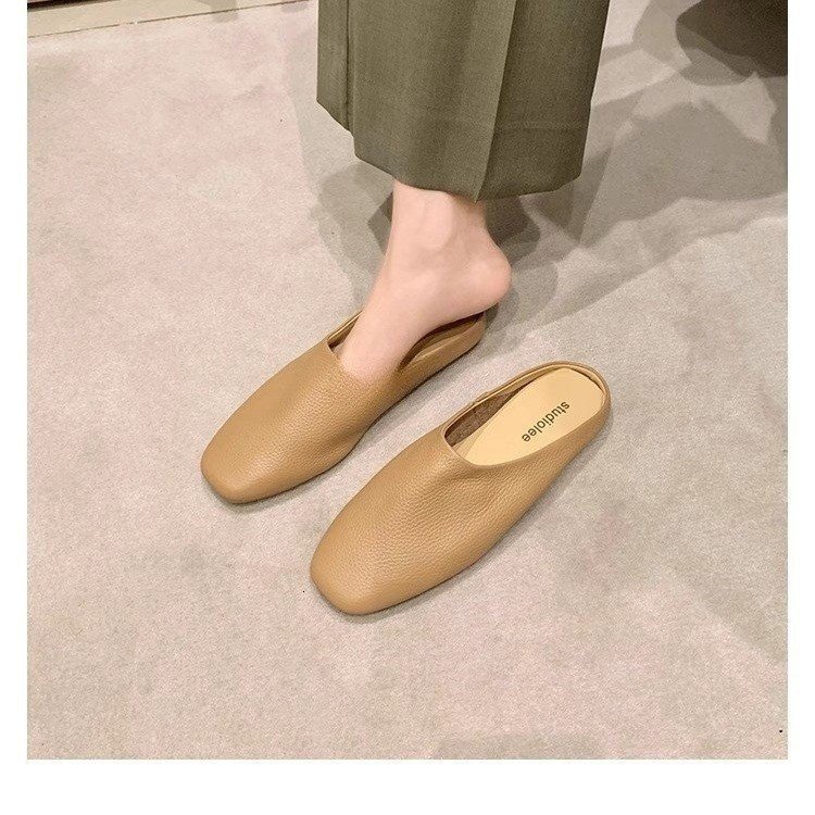 Designer Leather Women's Outdoor Half-toed Slippers Fairy-like Luxury Flat Slippers Minimalist Comfortable Dirt-resistant Waterproof Casual Shopp