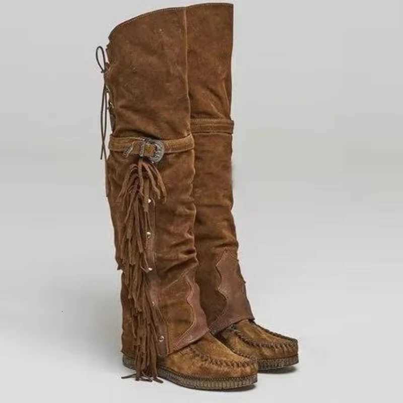 Fashion Bohemia Kneelength Women Boots Ethnic Personality High Boots Tassels Faux Suede Boots Girl Flat Bottom Long Botas Mujer W250902