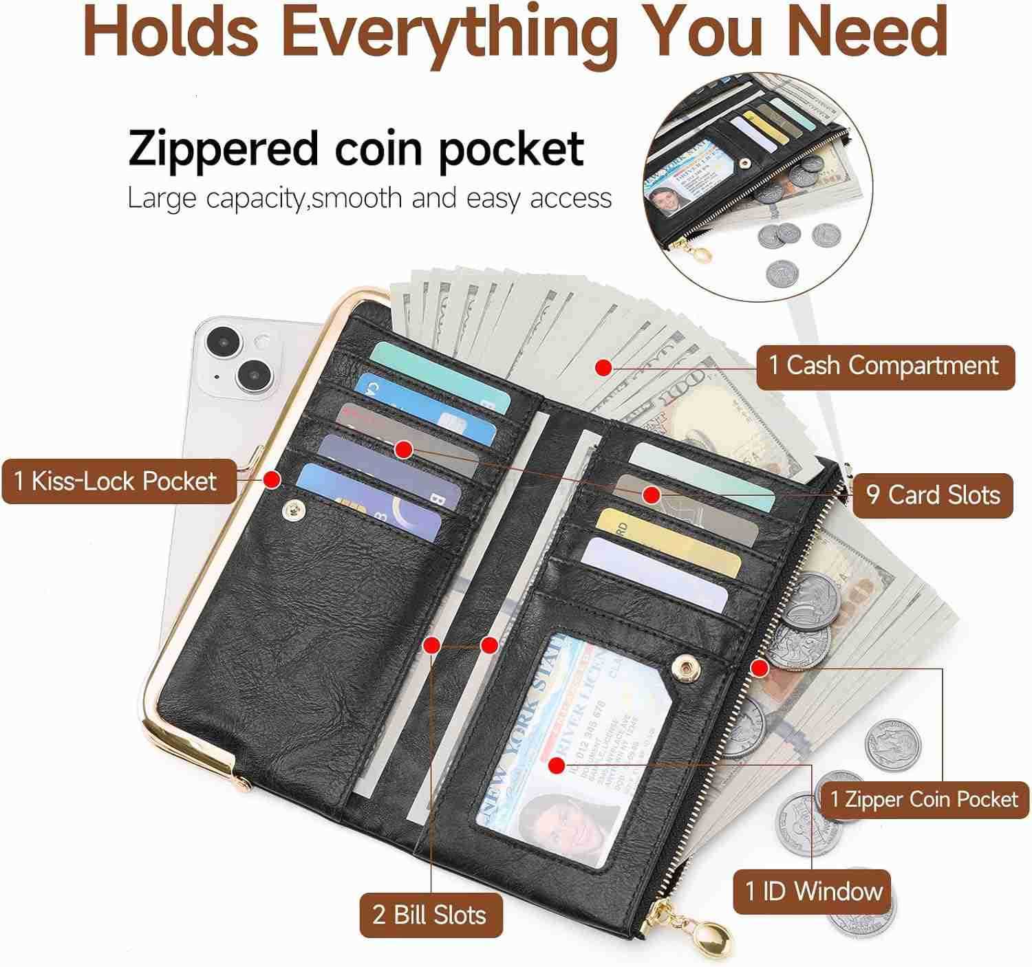 Womens Wallet Ladies Vintage Billfold Compact Card Holder Long Zip Clutch Purse with Kiss Lock BlackZ250911