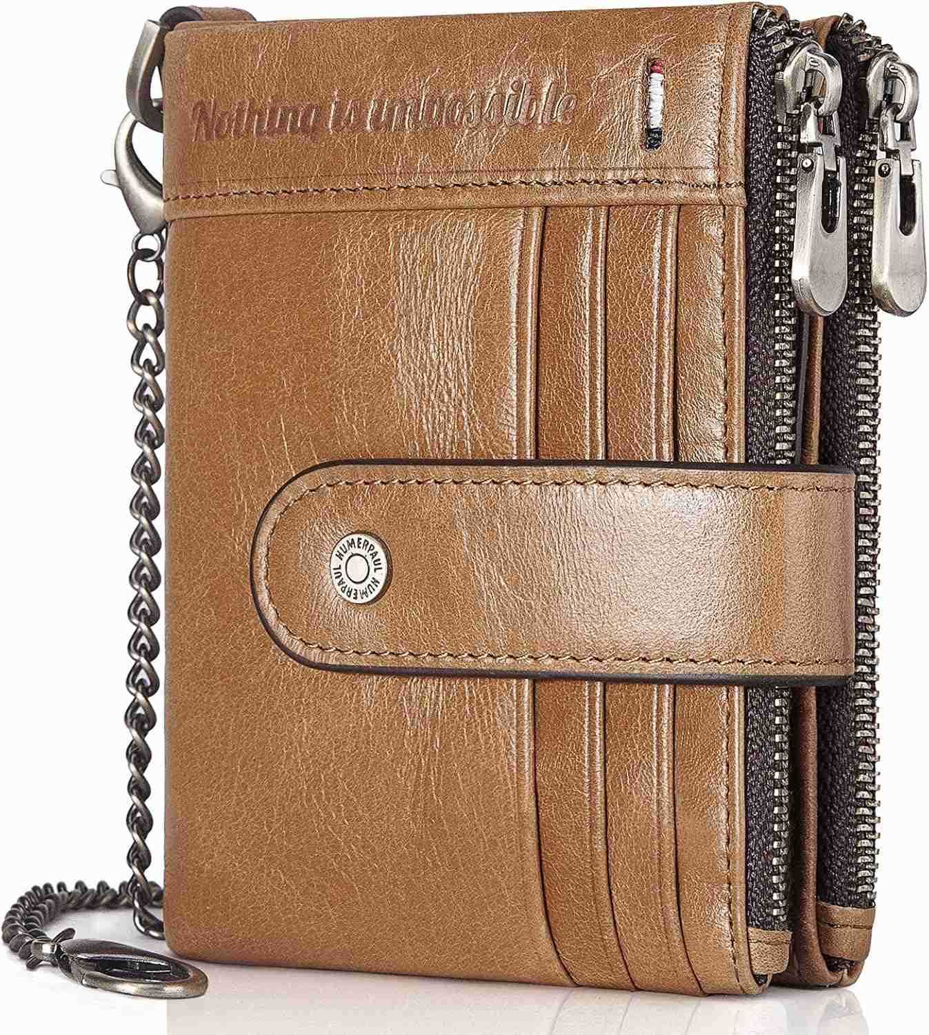 Chain Wallets RFID Wallets for Men Genuine Leather Wallet Zipper Bifold Wallet for Work Travel Outdoors With ID Window and Coin PurseZ250911