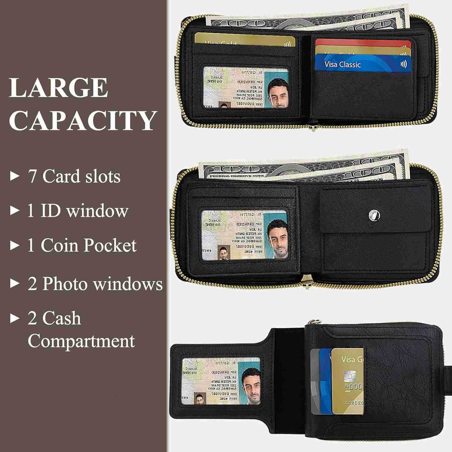 Men Wallet Vintage PU Leather MultiCard Zipper Wallet with 10 Card Slots and Zipper Pocket Large Capacity CARD Holder Wallet with Zipper A BlackZ25091
