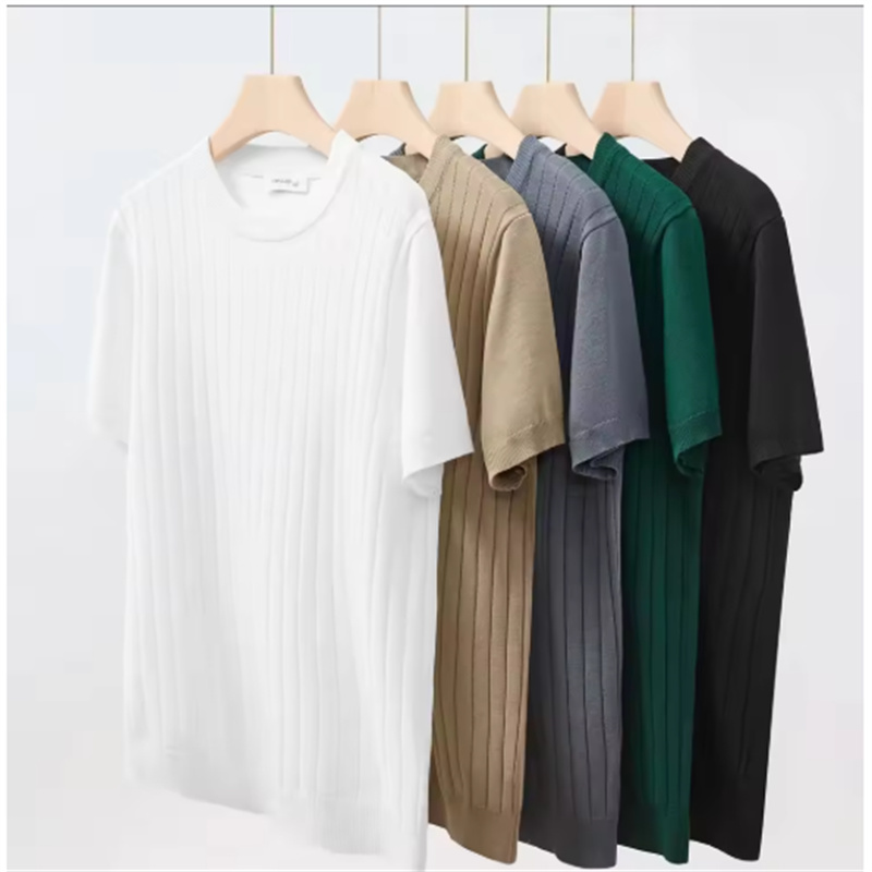 Summer Knitted Striped Short Sleeved T-shirt Men's Sports Fitness Base Shirt Versatile Loose Round Neck Casual Business T-shirt