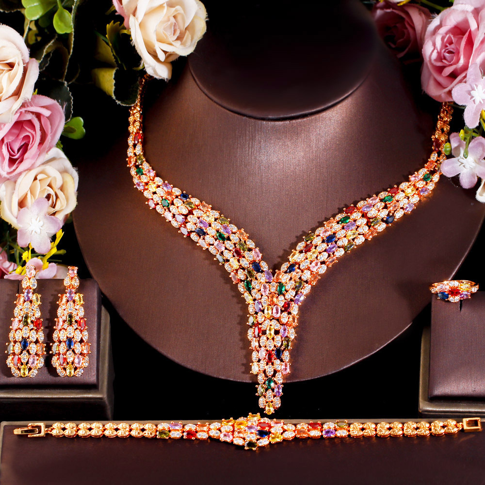 Full Diamond Colorful Collarbone Chain Earring Set Dress Evening Bridal Exaggerated Zircon FourPiece Set