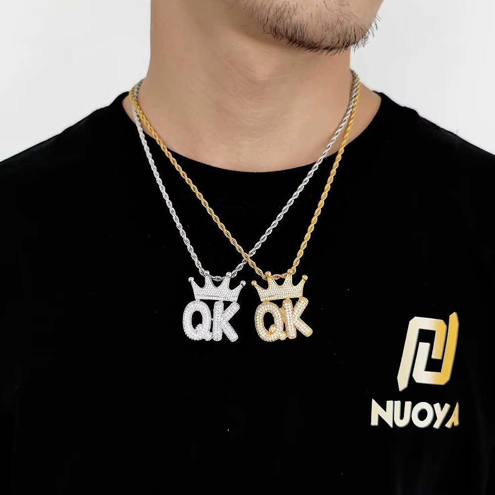 NUOYA Custom Letter Crown Pendant Necklace Gold Plated Hip Hop Moissanite Diamond Inlay Name Jewelry for Women Girls Gift Customizable