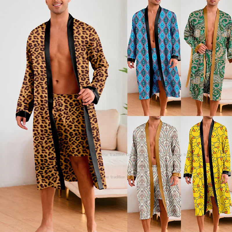 Men 2 Pieces Sleepwear Leopard Bathrobe Set Satin Kimono Peignoir Homme Long Mens Sexy Sleepwear Loungewear Home Dressing Gown 250902