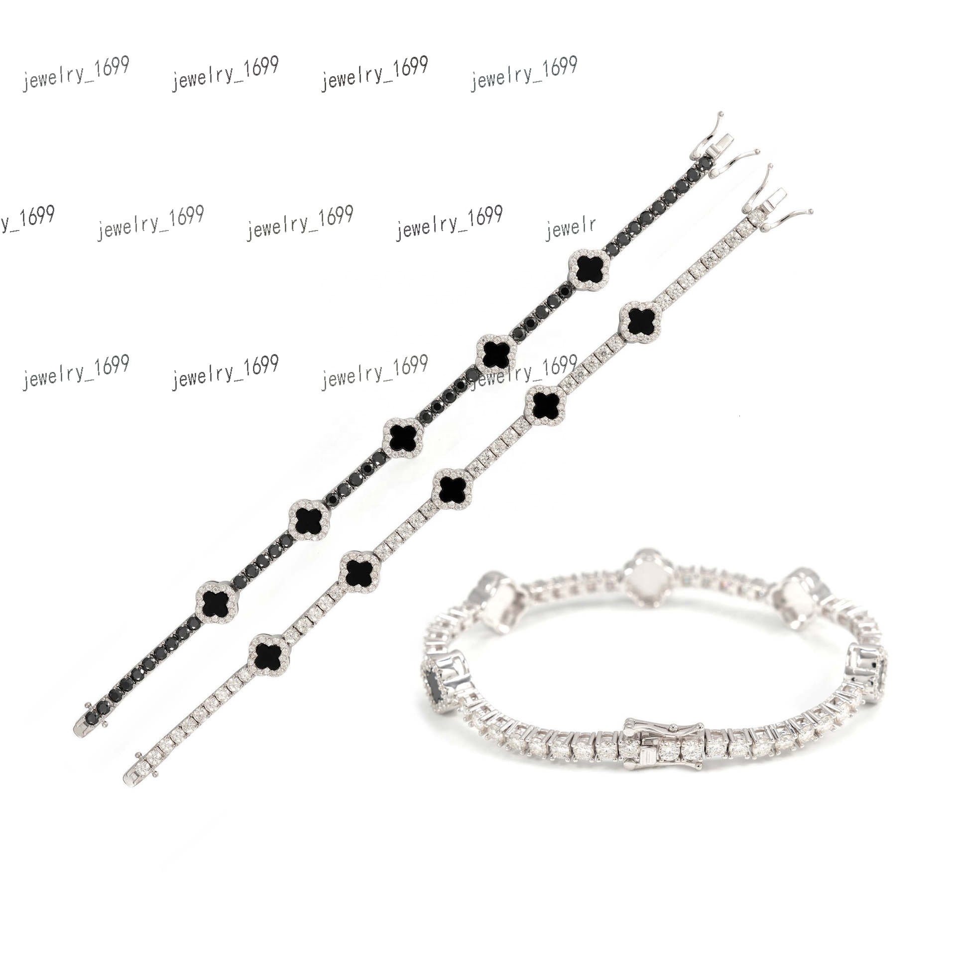 3mm Black Agate 925 Silver Tennis Bracelet Diamond Moissanite Clover Bracelet High Quality Jewelry