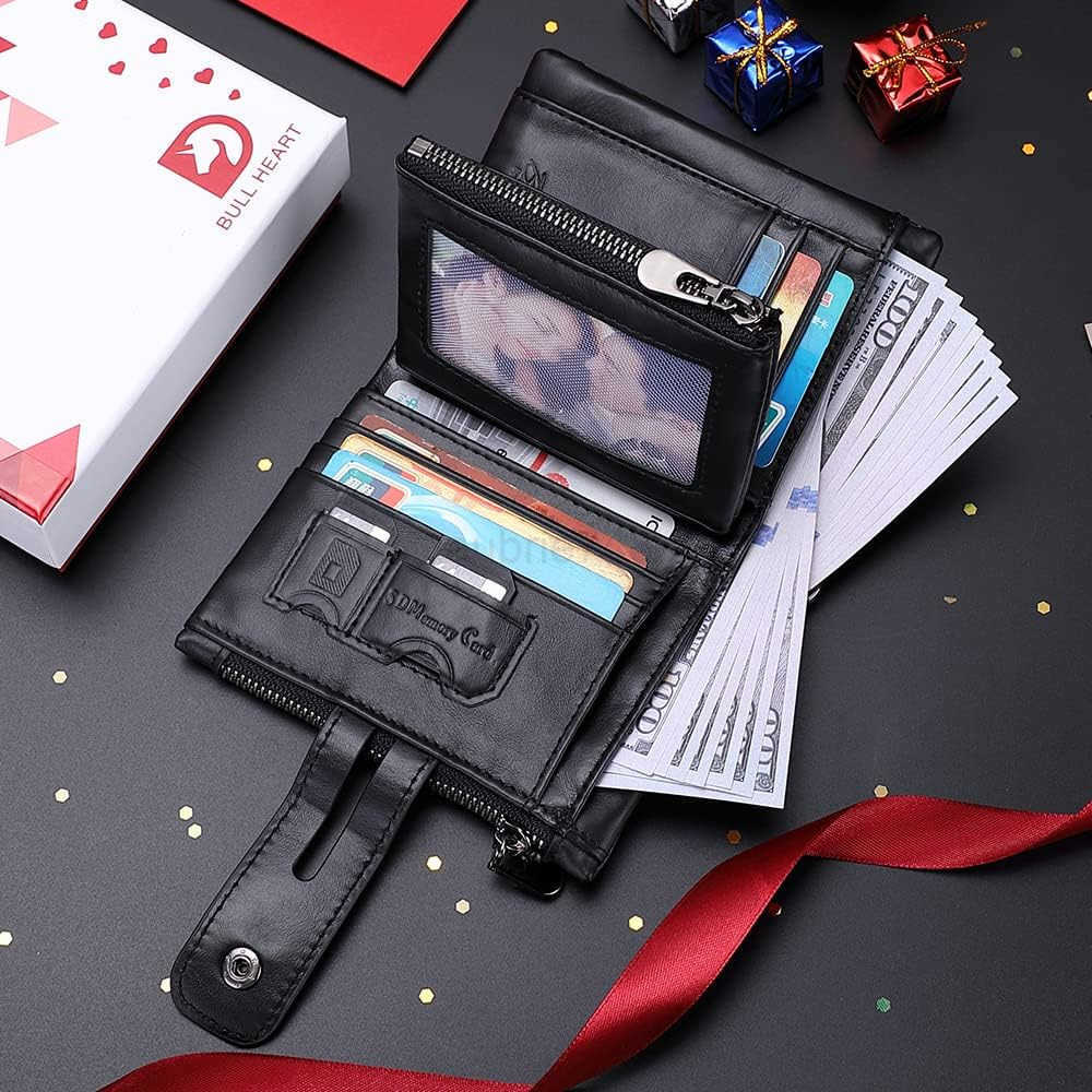Mens Wallet with Chain Genuine Leather Purse RFID Blocking Bifold Double Zipper Coin Pocket with AntiTheft ChainZ250911