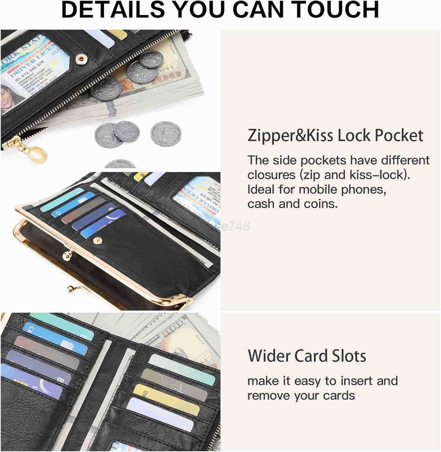 Womens Wallet Ladies Vintage Billfold Compact Card Holder Long Zip Clutch Purse with Kiss Lock BlackZ250911