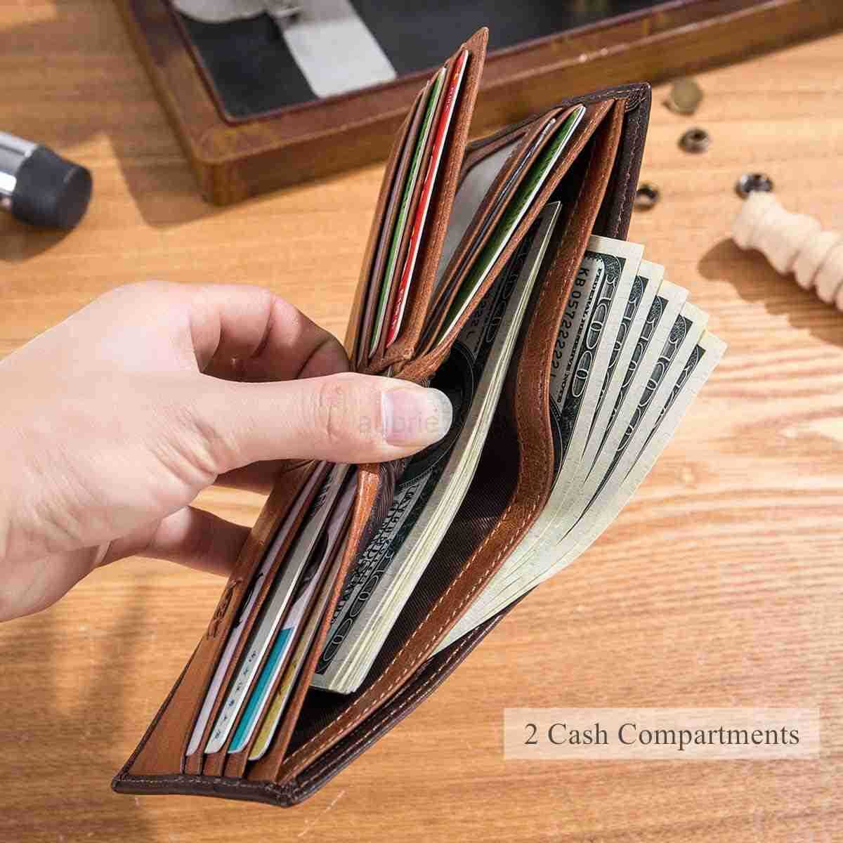 RFID Wallets for Men Slim Bifold Genuine Leather Front Pocket Wallet with 2 ID Windows QB05 BrownZ250911