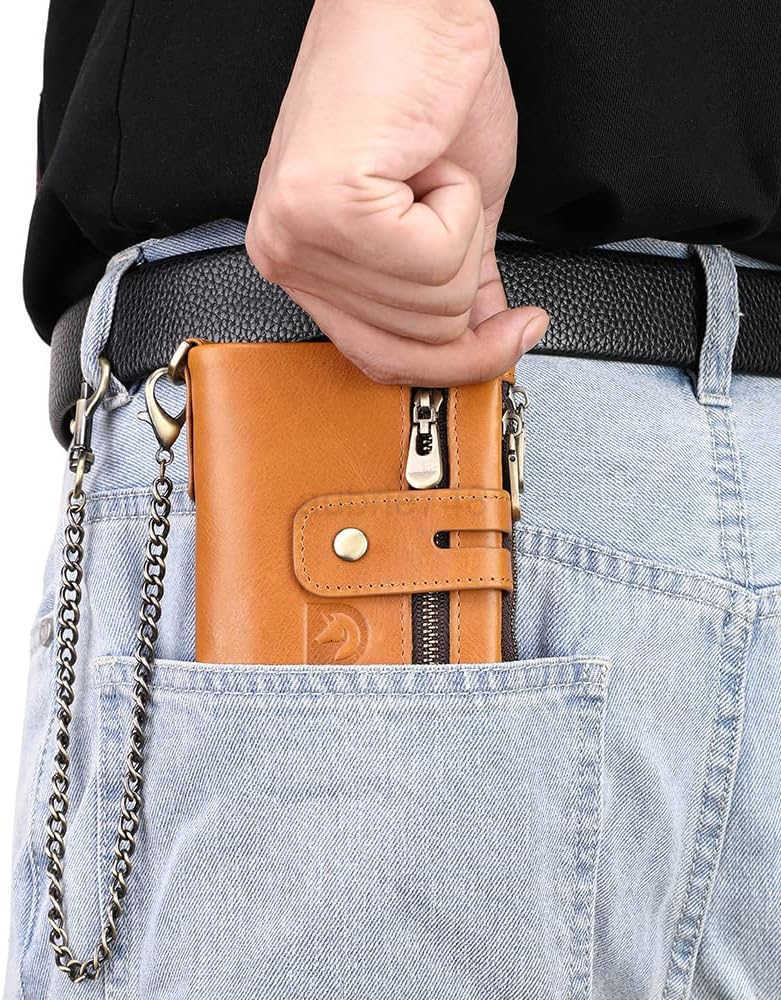 Mens Wallet with Chain Genuine Leather Purse RFID Blocking Bifold Double Zipper Coin Pocket with AntiTheft ChainZ250911