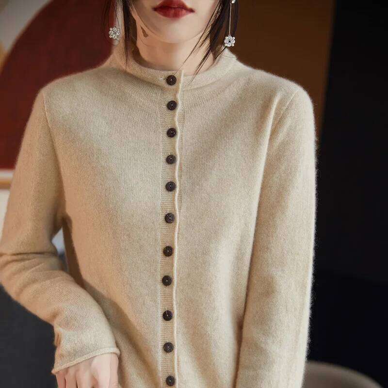 Autumn Winter 100% Wool Thicken Shirt Sweater Women Curled Round Neck Knitted Cardigan Female Multi Buckle Casual Warm Soft Top 050902