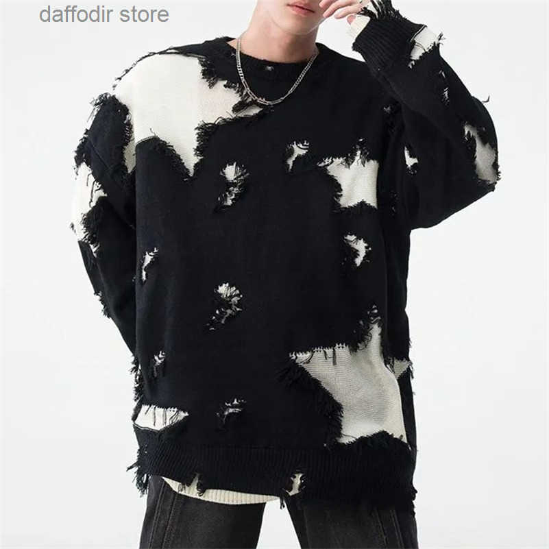 Mens Autumn Winter Y2k Hole Distressed TwoPiece Sweater Essential Oversize Loose Trendy High Strt Retro Knitted Sweater 240927 S250902