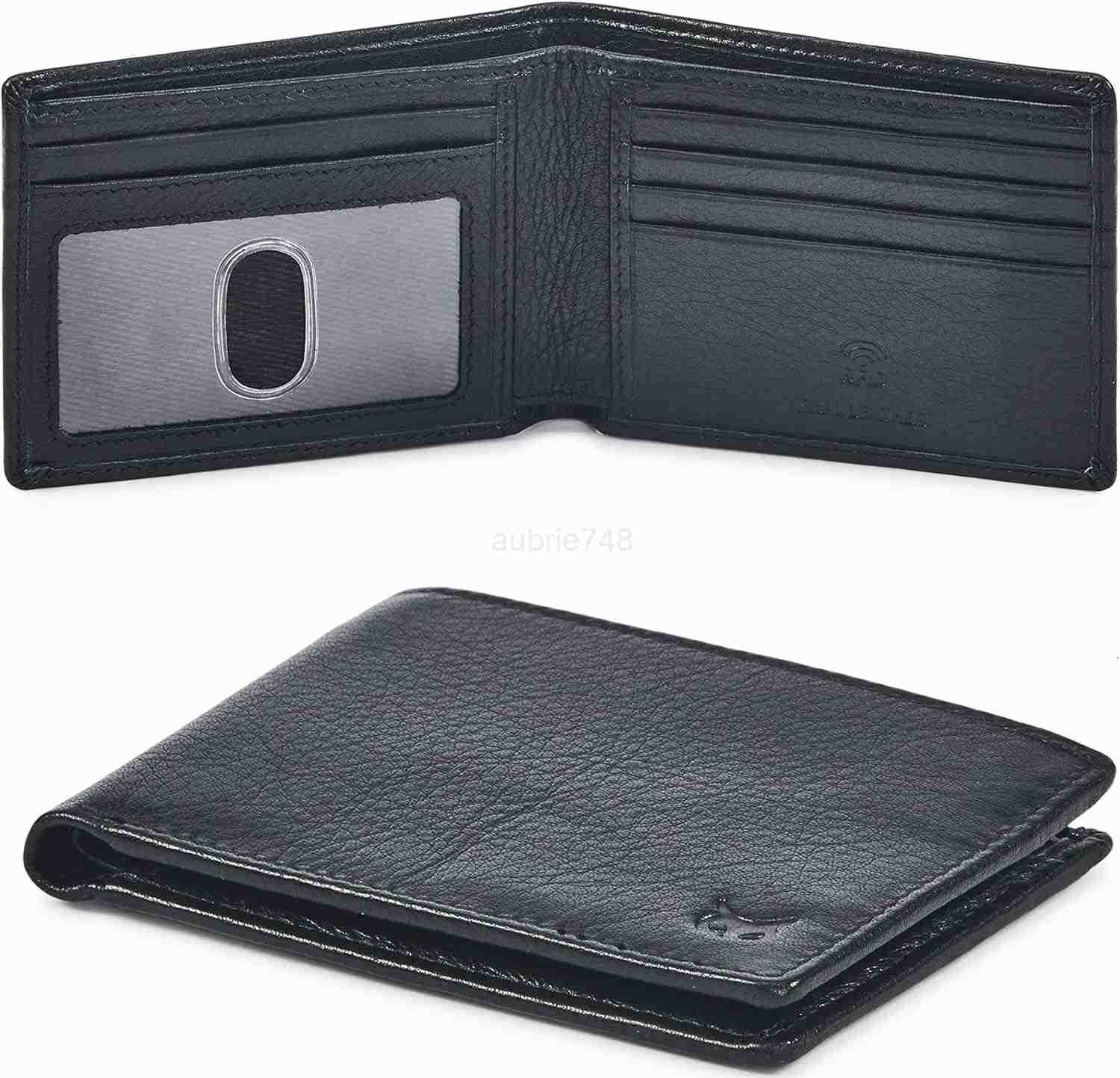 Leather Mens Bifold Wallet RFID Blocking Slim Minimalist Front Pocket Thin Stylish with ID Window in Gift Box Nappa BlackZ250911