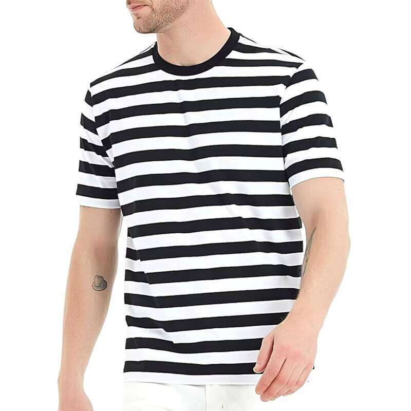 Men's Casual T-Shirt Comfortable Breathable Knitted Short Sleeve Digital Print Striped Collar Clothing