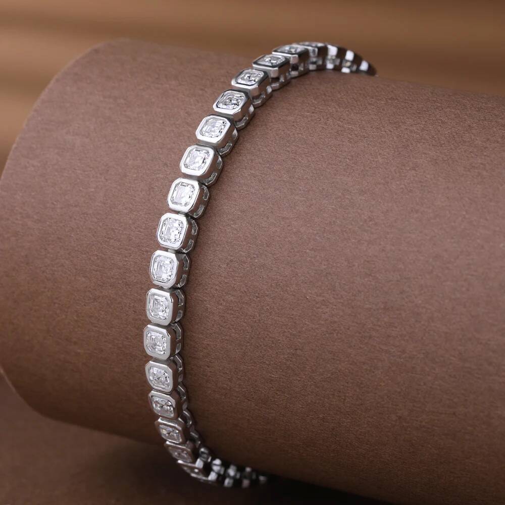 Bezel Set Asscher Cut All Moissanite Tennis Bracelets for Women 925 Sterling Silver Lab Diamond Bracelet Bangle with Certificate
