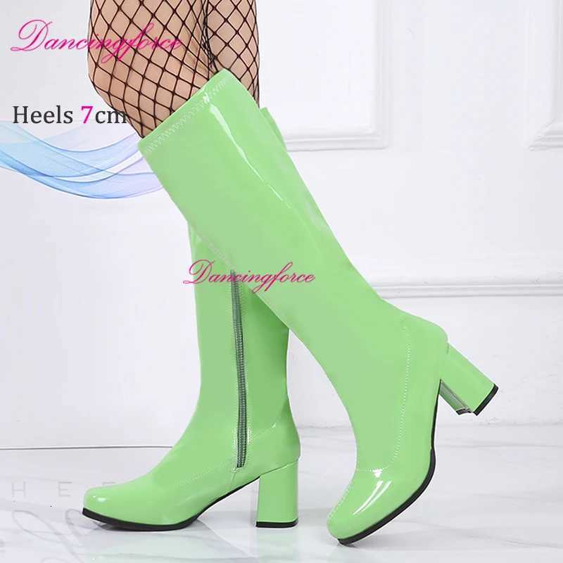 Red White Pink Patent Knee High Boots 60s 70s Go Boots Women Block Heels GoGo Halloween Party Dress Lady Shoes Square Toe W250902