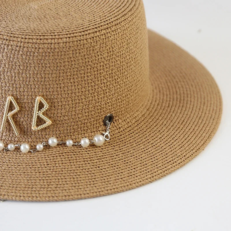 Fashion Metal RB Letter Chain Sun Hat Pearl Women and Men Summer Outdoor Vacation Beach Sunscreen Straw Hat Wholesale 250901
