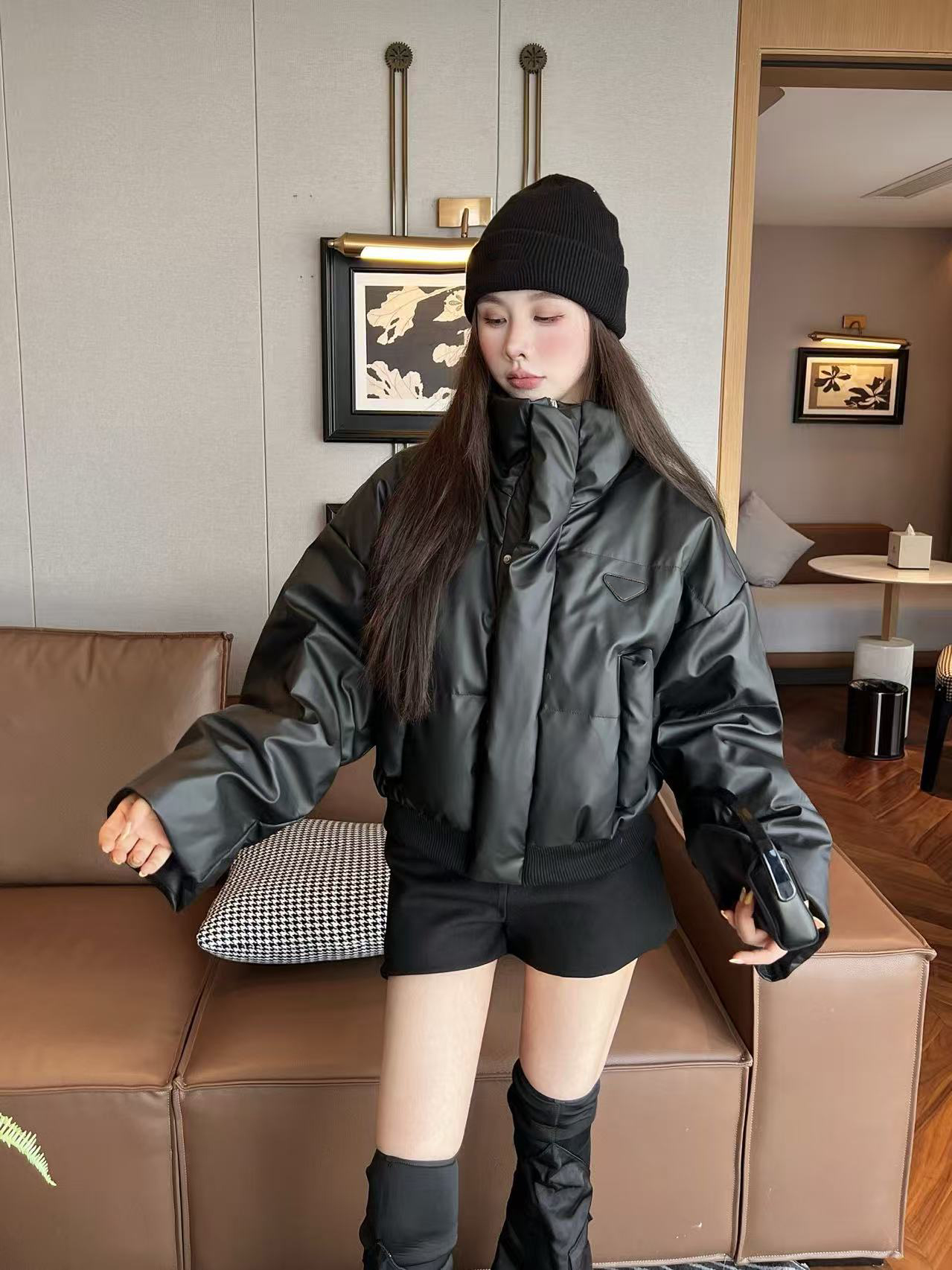 Designer down jacket, winter coat, fashionable stand up collar, bread down jacket, classic black armband, short hooded jacket, SML