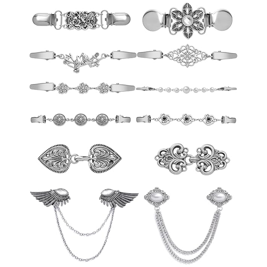 12pcs Vintage Sweater Shawl Clips Retro Cardigan Collar Shirt Waist Dresses Chain Clip Antique Flowers Pattern Brooch Pins Women