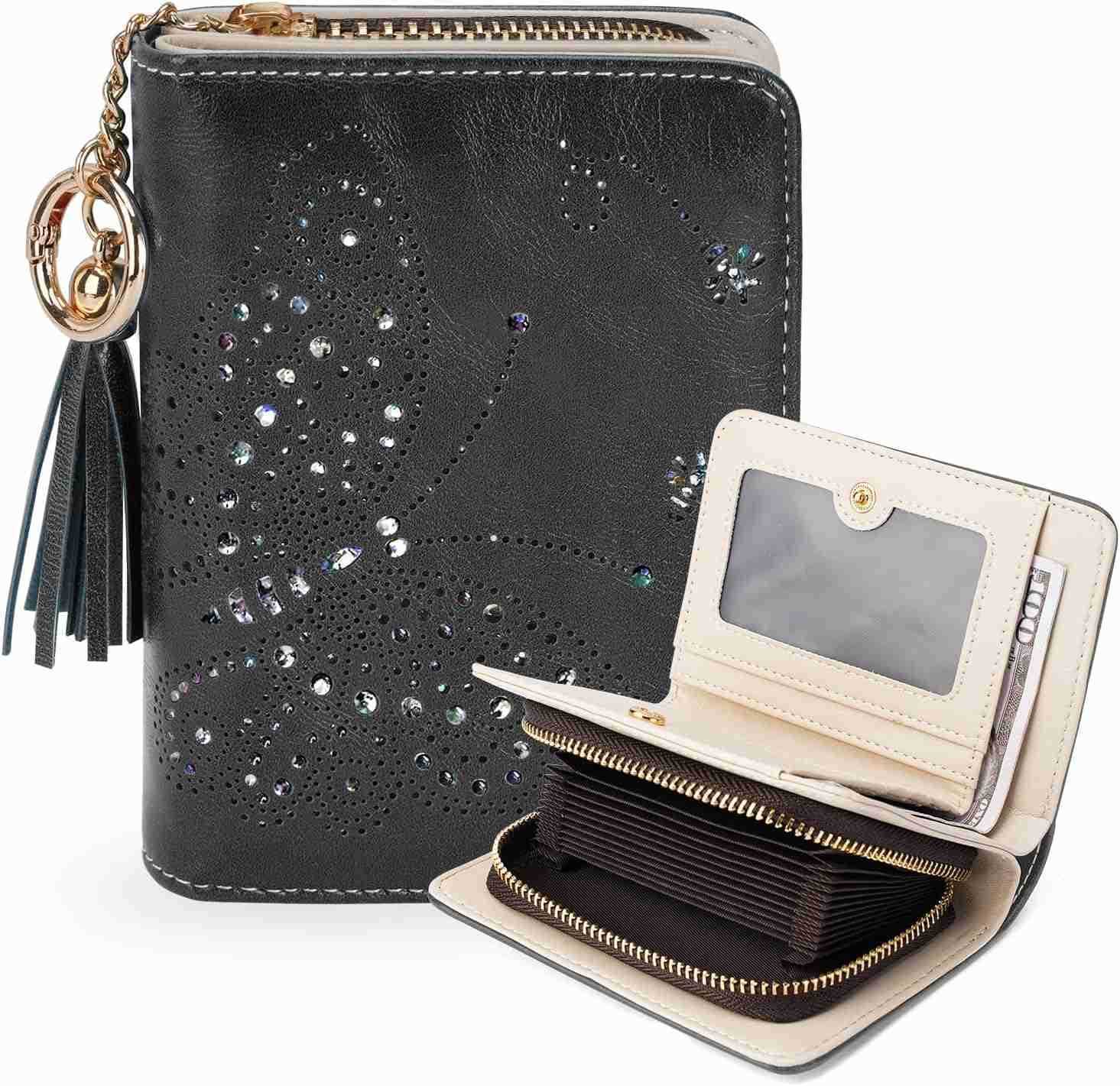Women RFID Blocking Small Bifold Wallet Compact Cash Clutch with Zipper Coin Pocket Glittery Butterfly Design CARD Holder Travel Purse with Tassel PUR