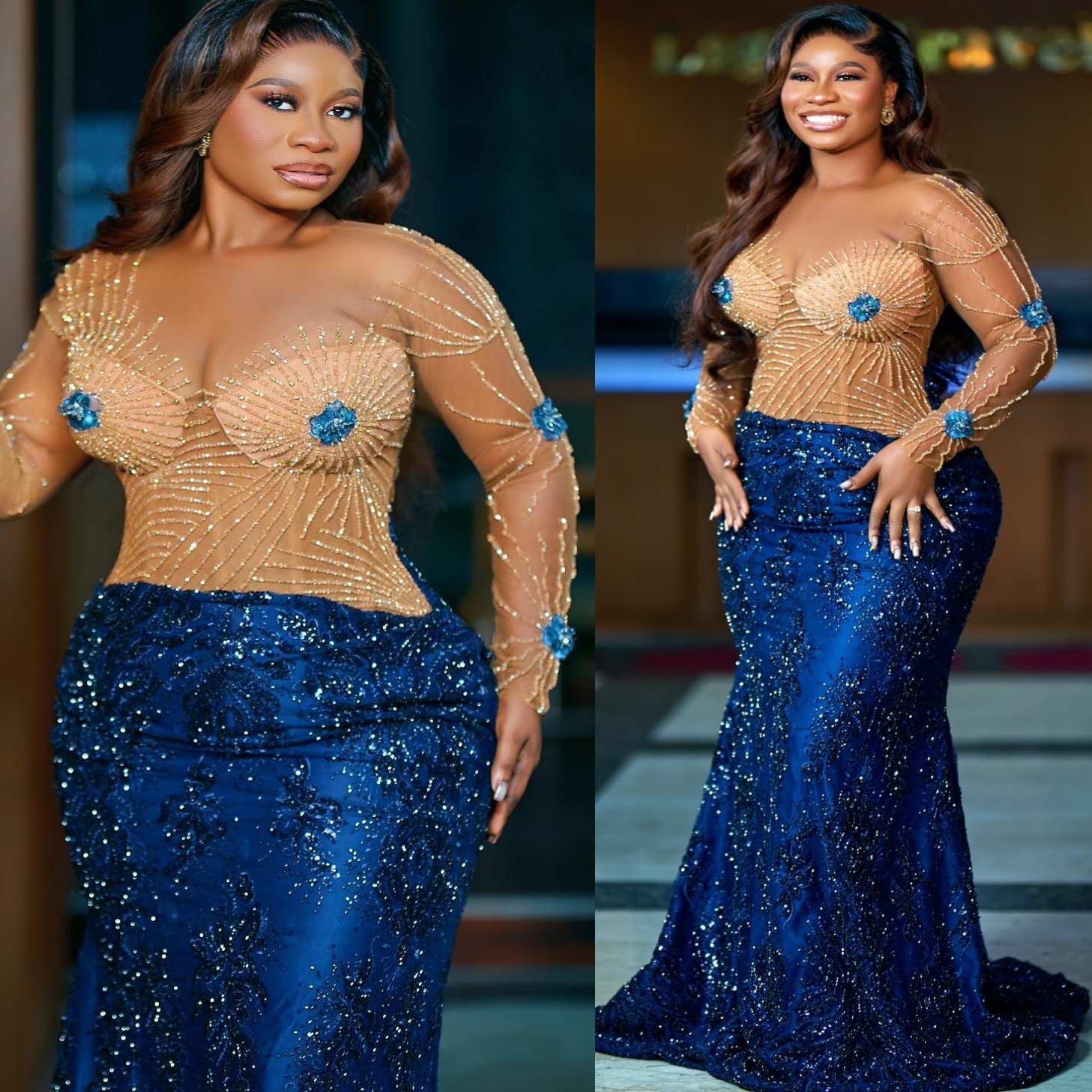 Aso Ebi Dark Navy Mermaid Prom Dresses 2025 Lace Beaded Illusion Evening Formal Party Second Birthday Engagement Gowns Plus Size Dress For Special Occ