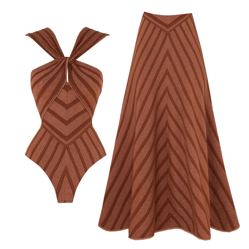2Pcs Striped Swimsuit With Long Skirt Sexy Women Bikini Push Up Swimwear Halter Biquini Female Bathing Suit Slimming Beachwear 250901