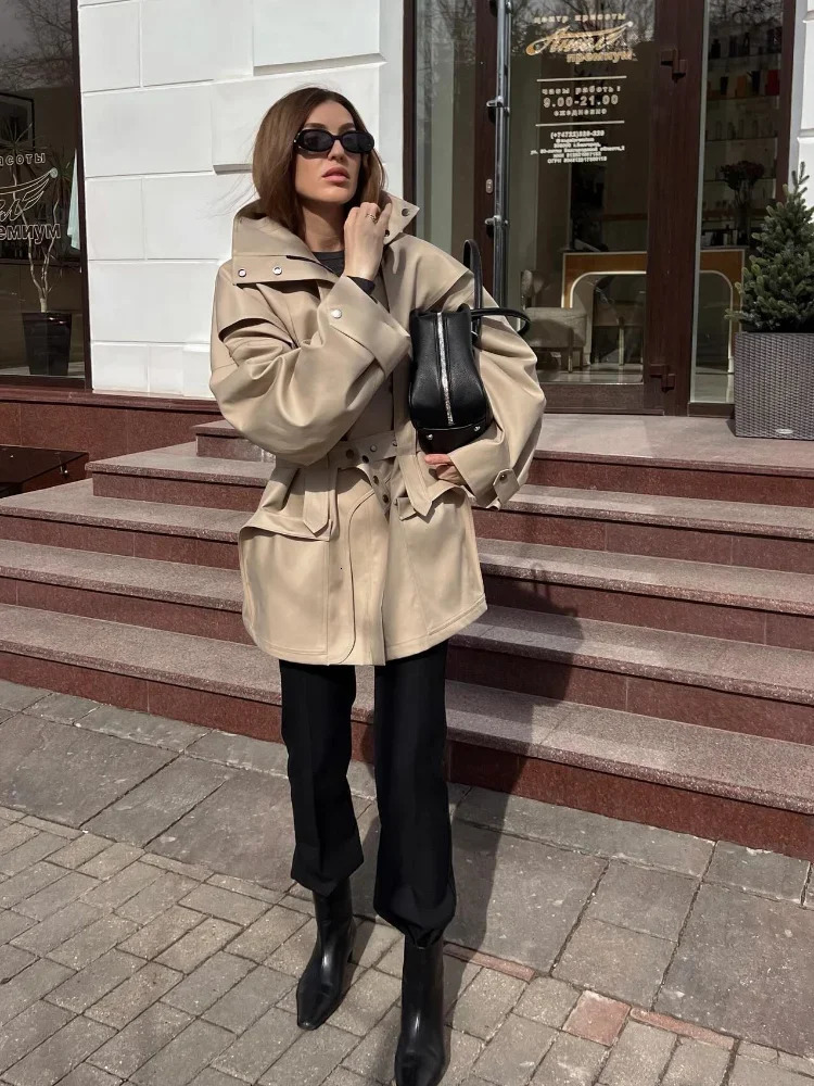 Women Stand Collar Trench Coats Fashion Button Long Sleeve Pocket Singlebreasted Windbreaker Lady High Street Outerfit 250902