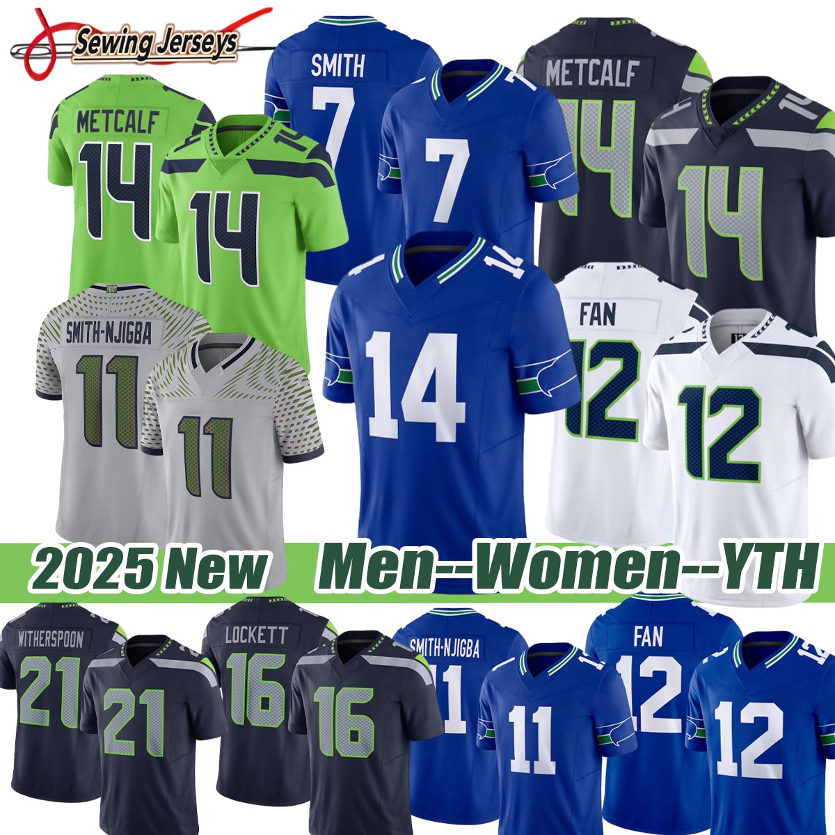 Seattles SeahawksS Jersey SeahawksJersey DK Metcalf Jaxon Smith-Njigba Cooper Kupp #12 Fan Sam Darnold Kenneth Walker III Football Jerseys
