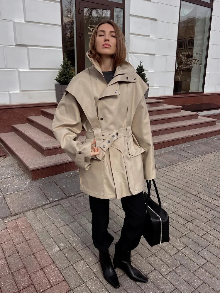 Women Stand Collar Trench Coats Fashion Button Long Sleeve Pocket Singlebreasted Windbreaker Lady High Street Outerfit 250902