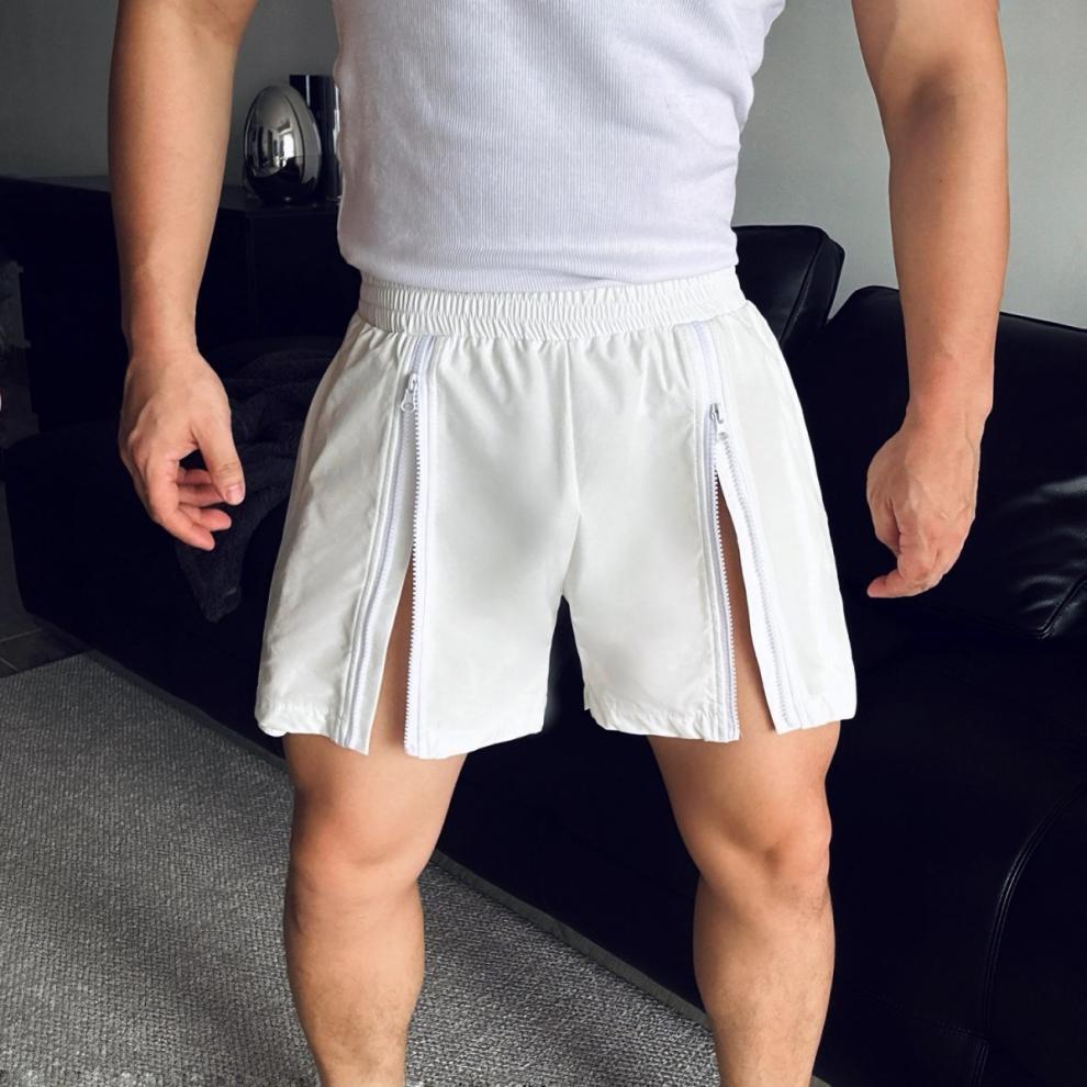 Men's Shorts Summer Sports Fitness Shorts for Men Elastic Waist Double Zipper Thigh Muscles Display Short Pants Beach Casual Quarter Pants